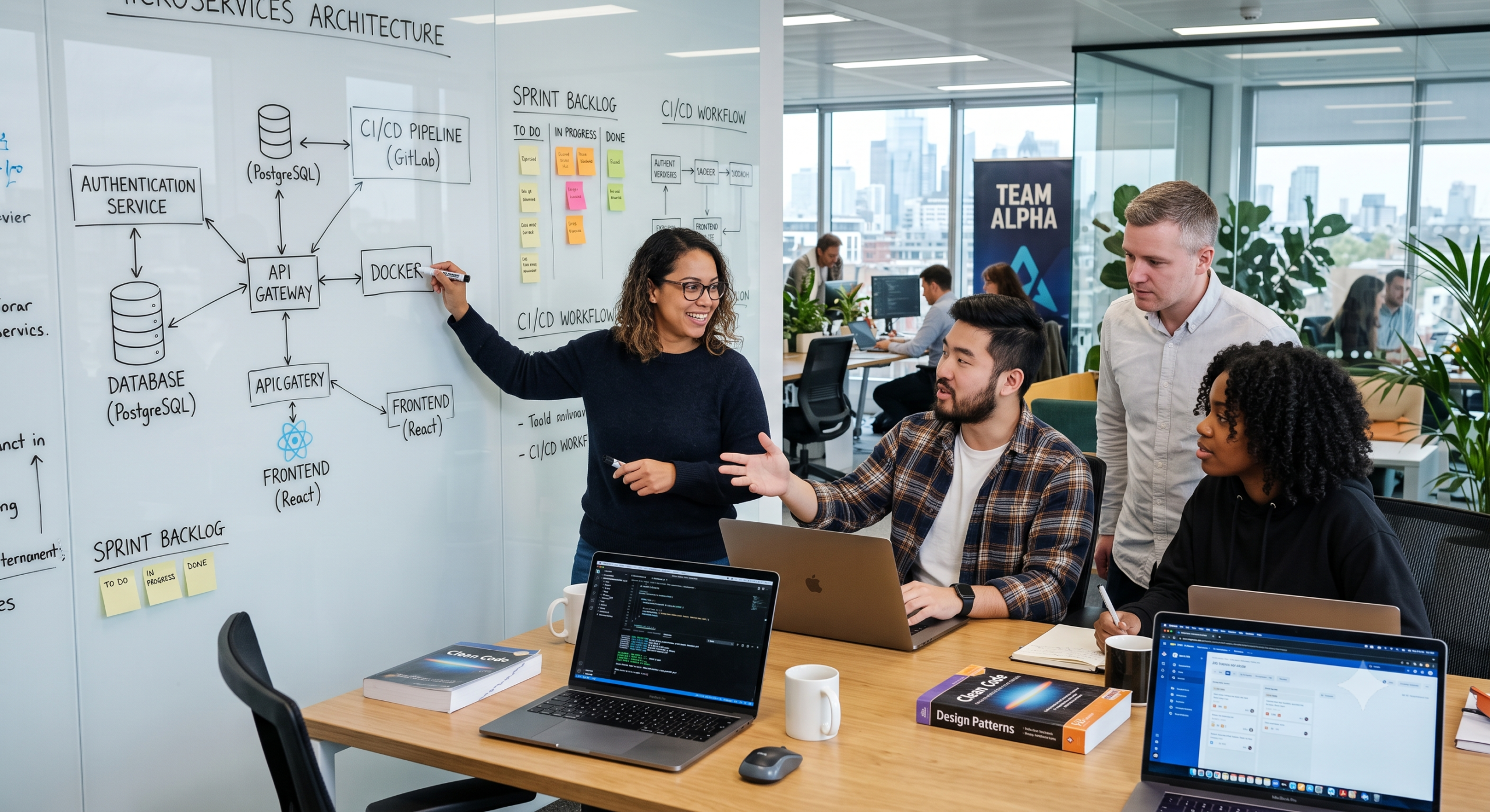Software engineering team discussing microservices architecture, CI/CD workflows, APIs, databases, and frontend development