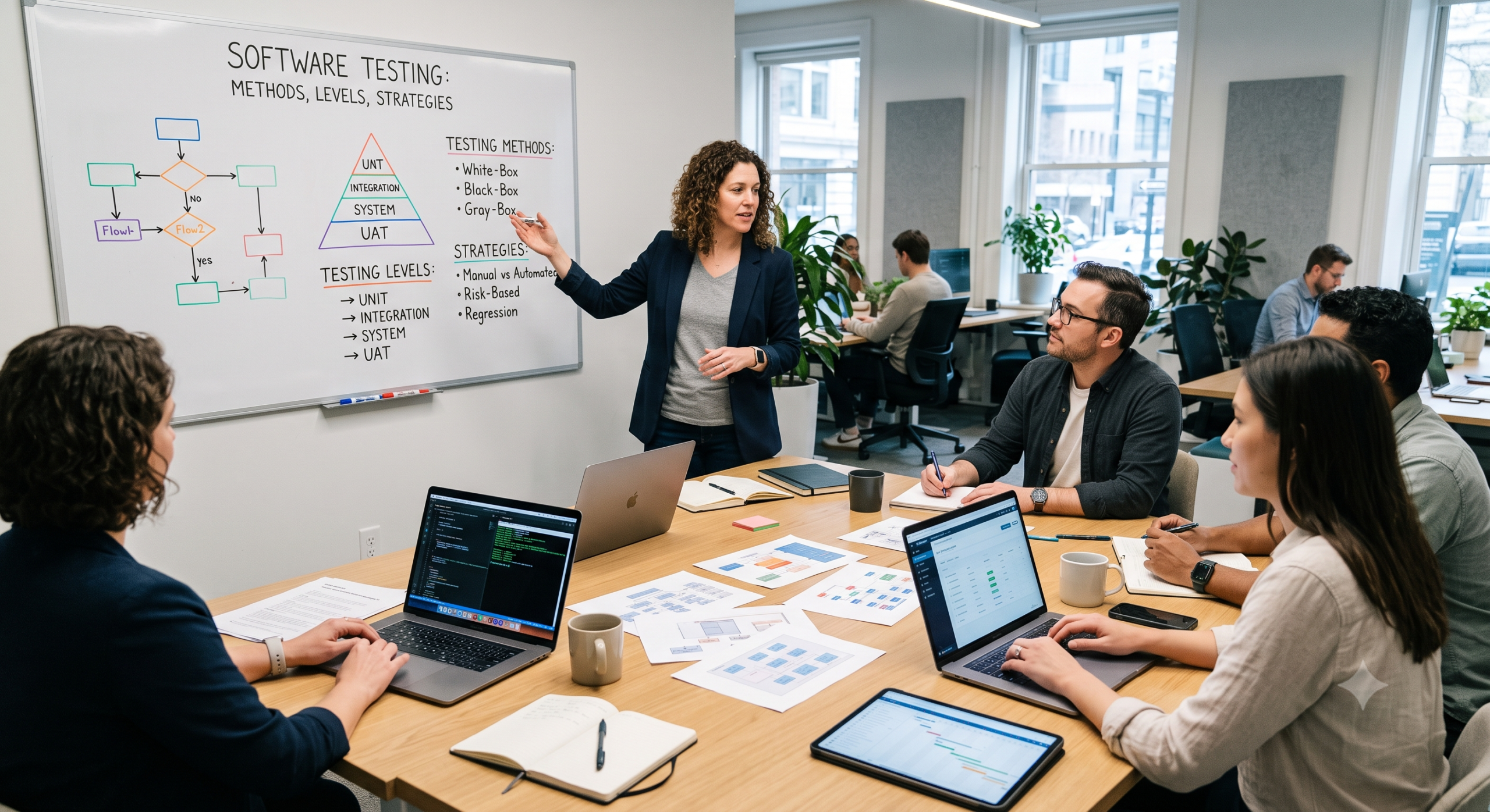 Software testing team reviewing testing methods, levels, and strategies