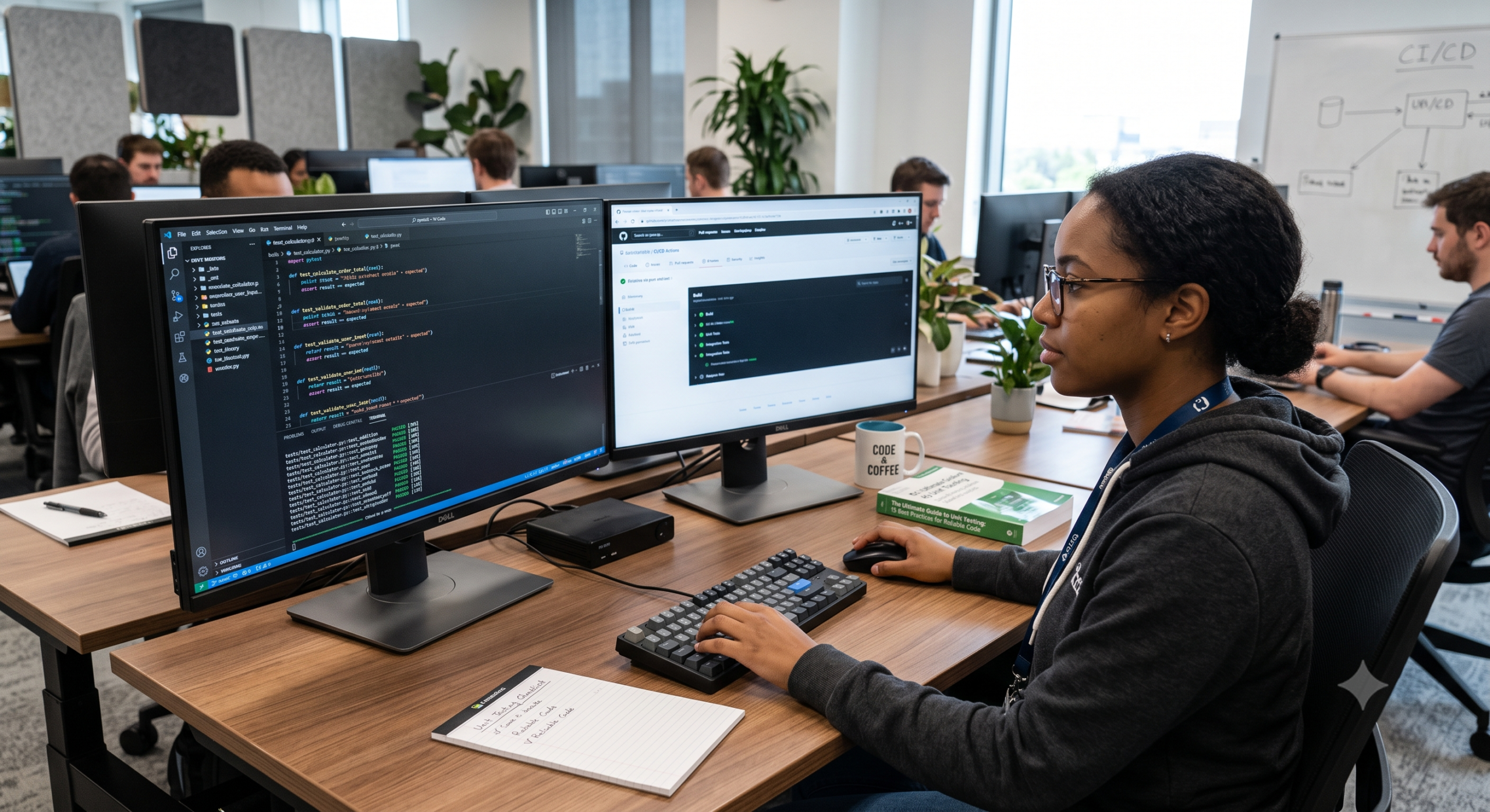 Software developer performing unit testing and reviewing automated test results on dual monitors