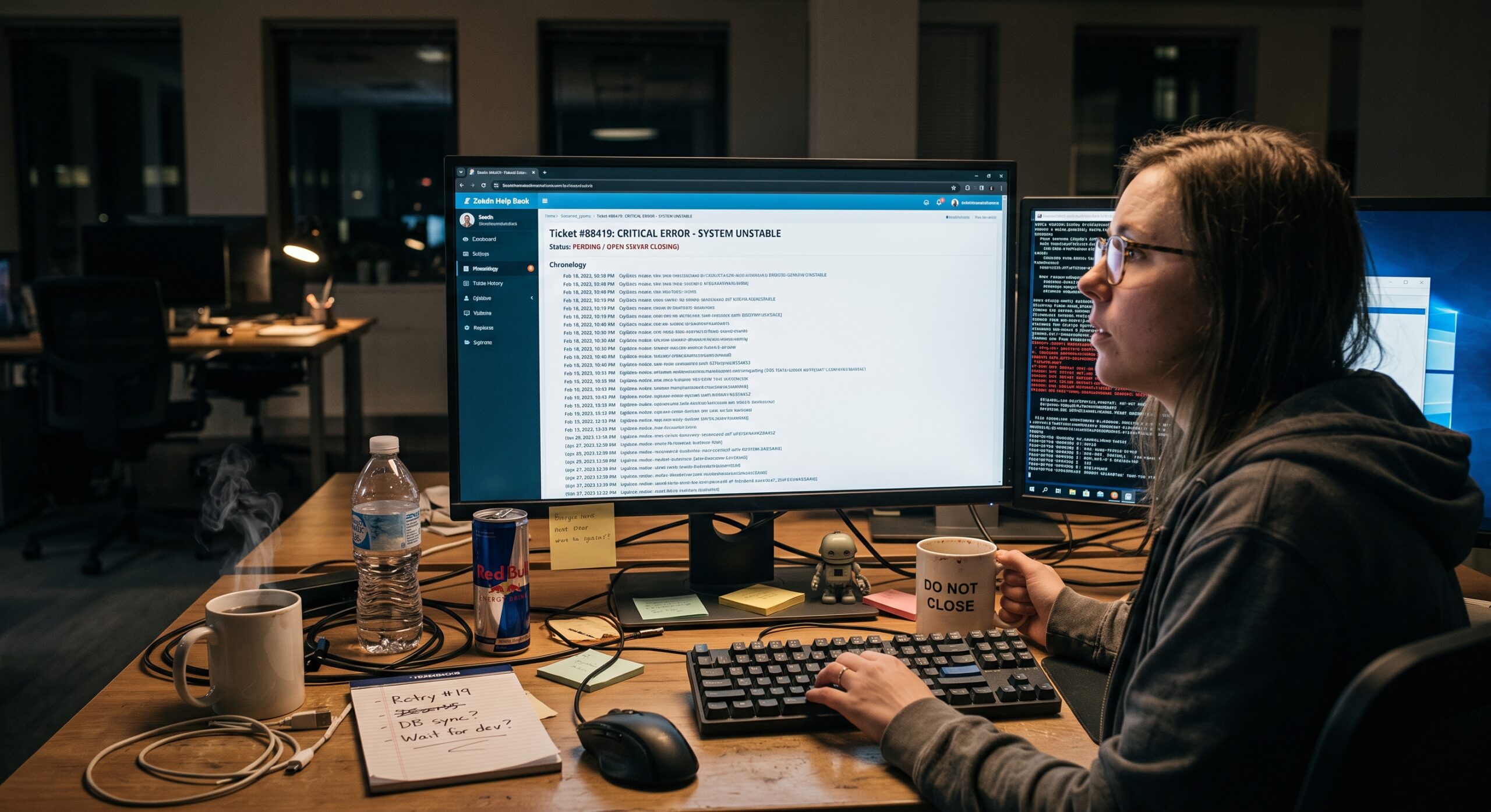 An IT services professional troubleshooting a critical system error on multiple computer monitors