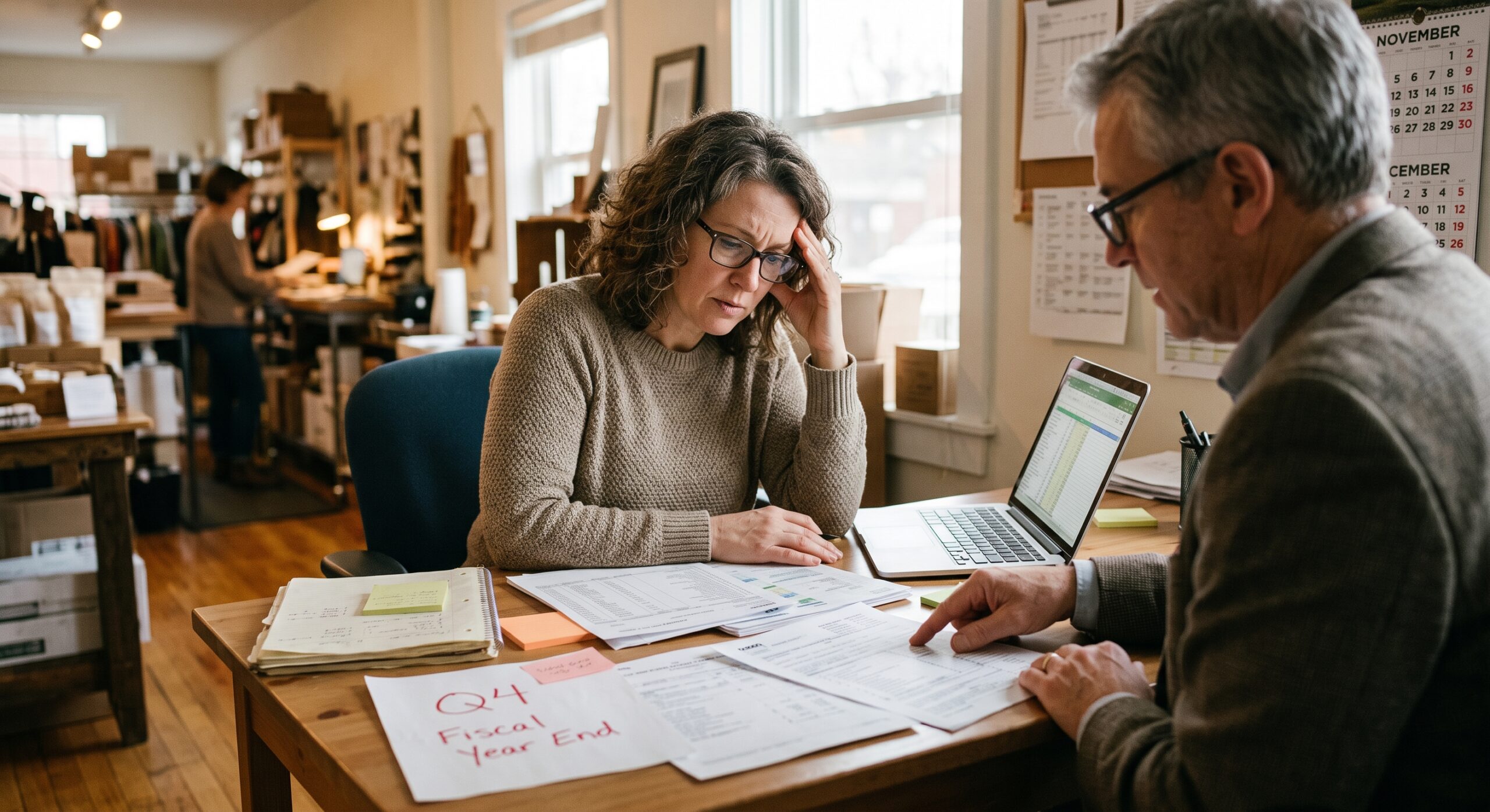 Accounting professionals reviewing financial documents and quarterly business reports