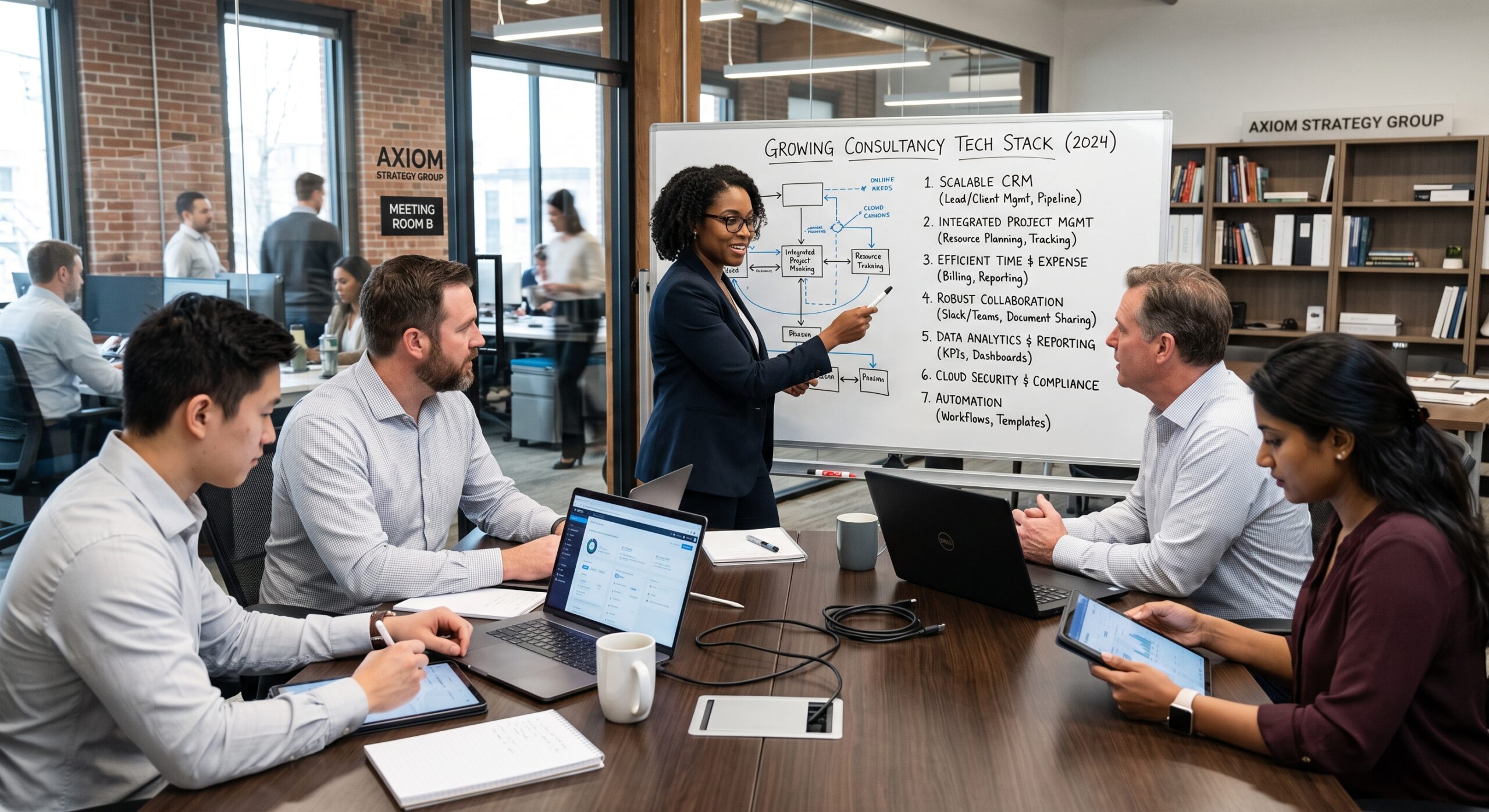 Consulting team discussing technology services, project management, automation, and data analytics