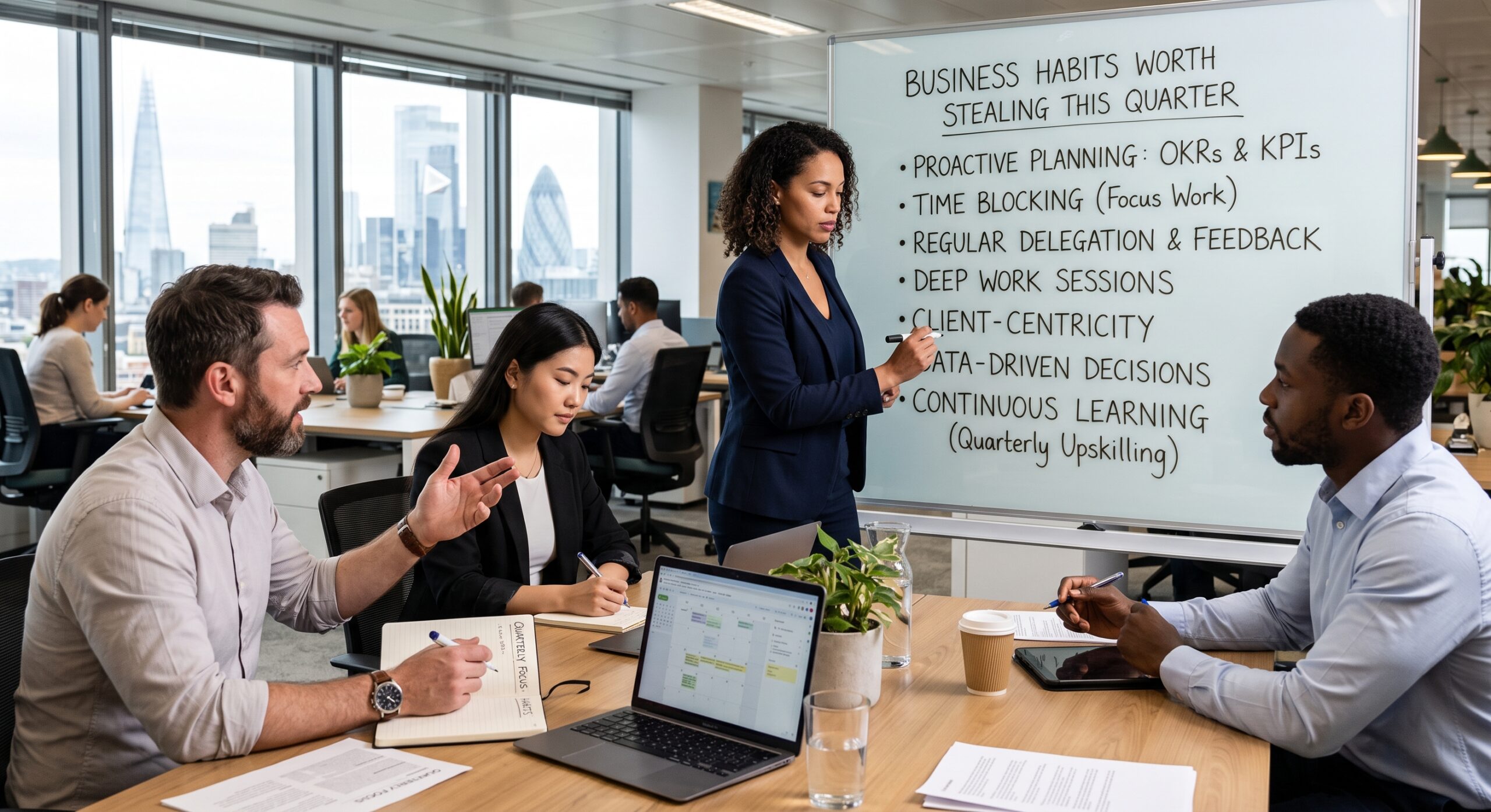 Business team discussing strategy, productivity, and quarterly goals in a modern office
