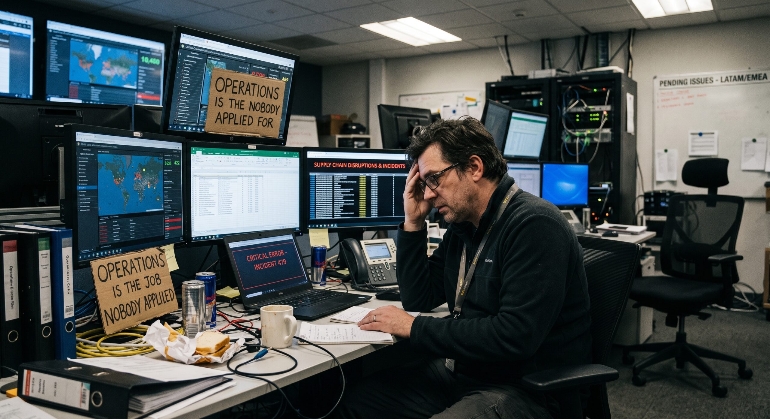 Operations manager monitoring supply chain disruptions and critical incidents in a control room