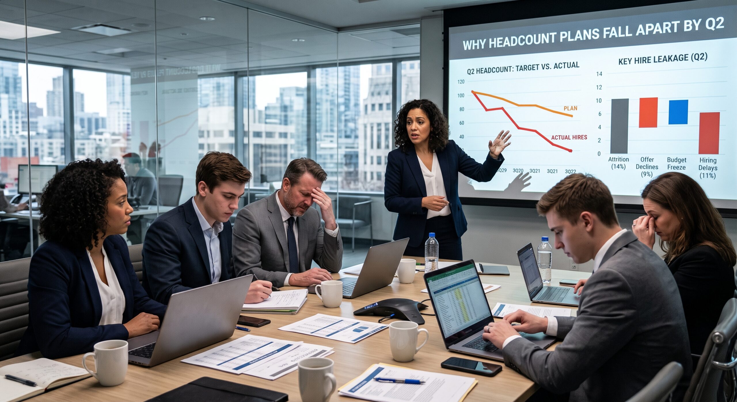 Business team reviewing staffing and workforce planning data during a corporate meeting