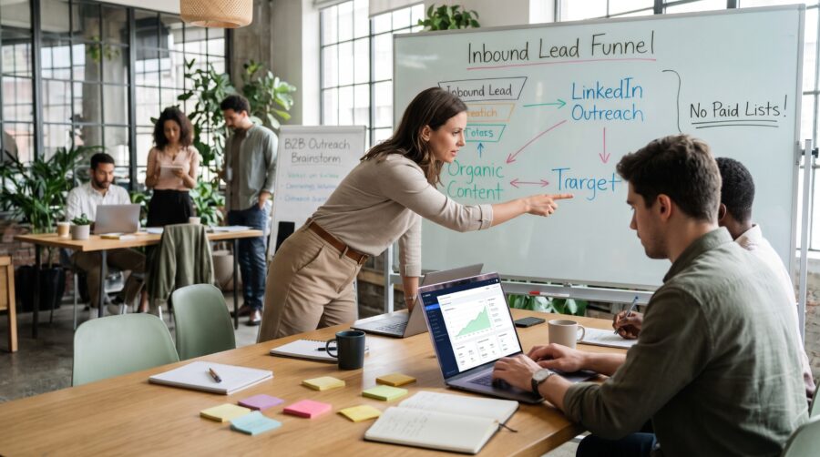 B2B lead generation team planning inbound marketing strategies using lead funnels, LinkedIn outreach, and organic content