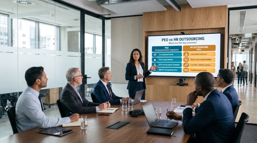 PEO vs HR outsourcing comparison with a business consultant explaining co-employment, HR services, payroll, benefits, and employer responsibilities.