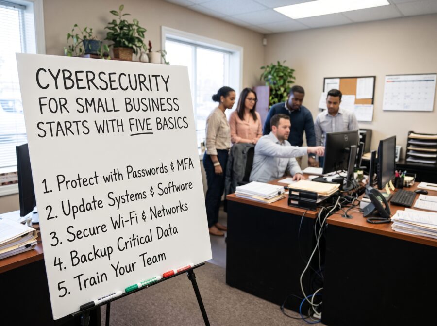 Cybersecurity for small business team reviewing essential security practices, including password protection, software updates, data backups, and employee training.