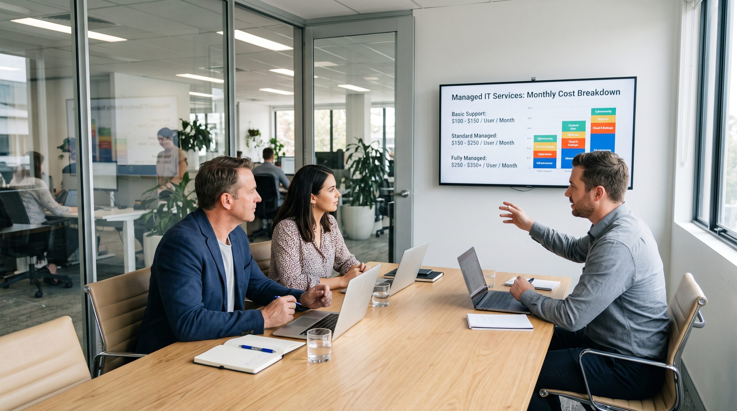 Business team reviewing managed IT services costs and monthly pricing options