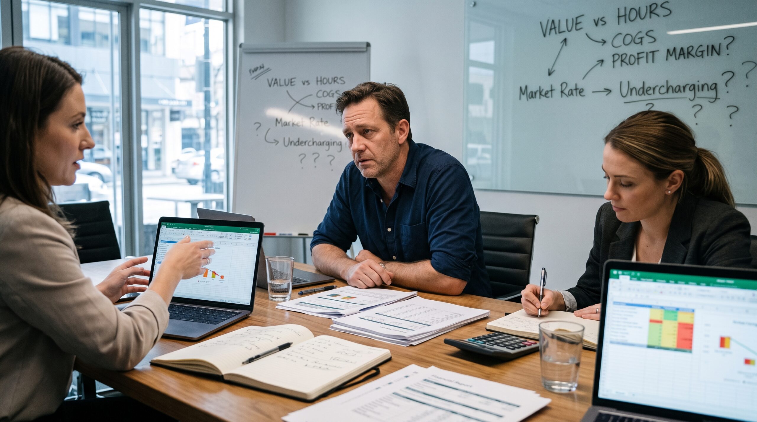 Pricing strategy meeting where business consultants analyze service fees, profit margins, and market rates to address undercharging.