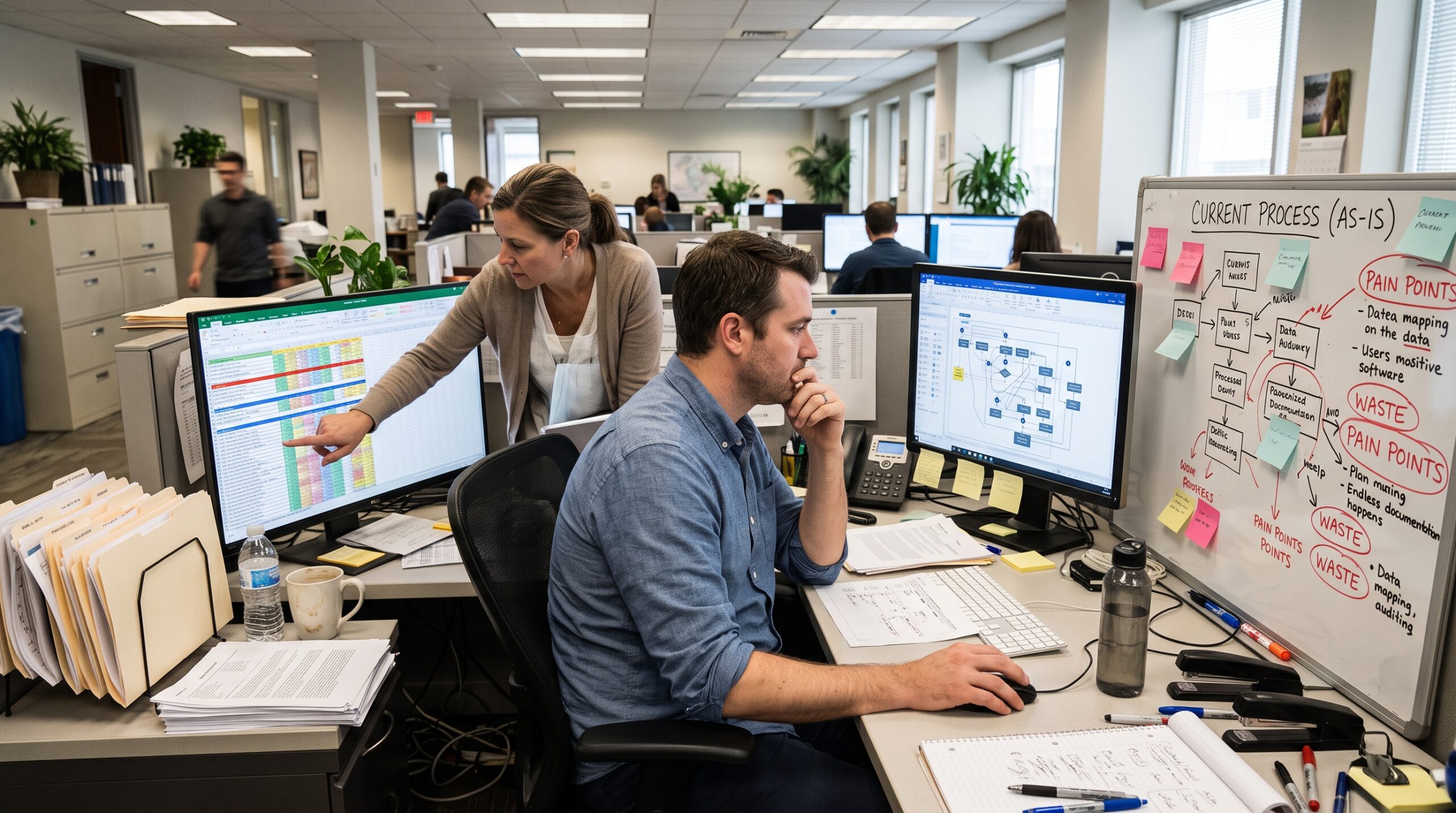Process improvement team analyzing workflow diagrams, spreadsheets, and operational bottlenecks in an office environment.